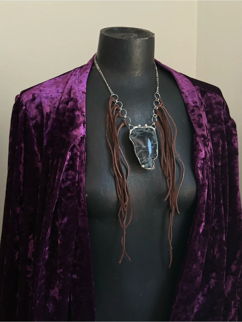 Spiderweb obsidian statement Fringe Necklace southern gothic boho jewelry